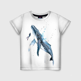 Детская футболка 3D с принтом кит в Санкт-Петербурге, 100% гипоаллергенный полиэфир | прямой крой, круглый вырез горловины, длина до линии бедер, чуть спущенное плечо, ткань немного тянется | ocean | sea | sea animal | whale | акварель | кит | море | океан | рисунок кита