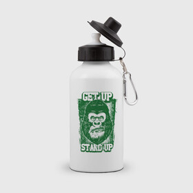 Бутылка спортивная с принтом GET UP STAND UP в Санкт-Петербурге, металл | емкость — 500 мл, в комплекте две пластиковые крышки и карабин для крепления | годобезьяны | голова обезьяны | злая обезьяна | обезьяна