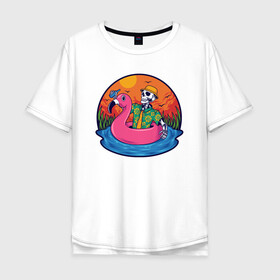 Мужская футболка хлопок Oversize с принтом Скелет в надувном Фламинго в Санкт-Петербурге, 100% хлопок | свободный крой, круглый ворот, “спинка” длиннее передней части | закат | купание | лето | отдых | пляж | скелет | туризм | фламинго