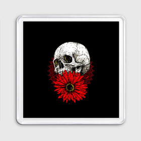 Магнит 55*55 с принтом Череп и Красный Цветок Skull в Санкт-Петербурге, Пластик | Размер: 65*65 мм; Размер печати: 55*55 мм | flowers | head | skulls | букет | голова | животные | кости | мозги | паттерн | полосы | природа | розы | скелет | текстура | узор | флора | хо | цветы | черепа | черный | яркий
