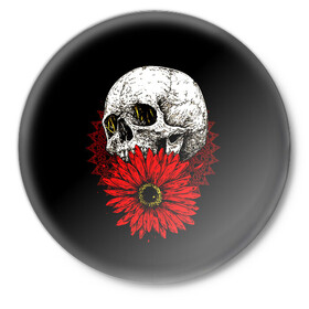 Значок с принтом Череп и Красный Цветок Skull в Санкт-Петербурге,  металл | круглая форма, металлическая застежка в виде булавки | flowers | head | skulls | букет | голова | животные | кости | мозги | паттерн | полосы | природа | розы | скелет | текстура | узор | флора | хо | цветы | черепа | черный | яркий