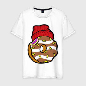 Мужская футболка хлопок с принтом Донатос в Санкт-Петербурге, 100% хлопок | прямой крой, круглый вырез горловины, длина до линии бедер, слегка спущенное плечо. | Тематика изображения на принте: donut | еда | кондитер | крутой | шапка