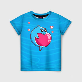 Детская футболка 3D с принтом Дельфин с сердечком в Санкт-Петербурге, 100% гипоаллергенный полиэфир | прямой крой, круглый вырез горловины, длина до линии бедер, чуть спущенное плечо, ткань немного тянется | dolphin | дельфин | дельфинчик | море | морские | на голубом | с дельфином | с сердцем | сердечко