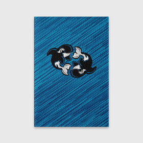 Обложка для паспорта матовая кожа с принтом Две косатки в Санкт-Петербурге, натуральная матовая кожа | размер 19,3 х 13,7 см; прозрачные пластиковые крепления | Тематика изображения на принте: whale | кит | косатка | косатки | на синем | с косатками