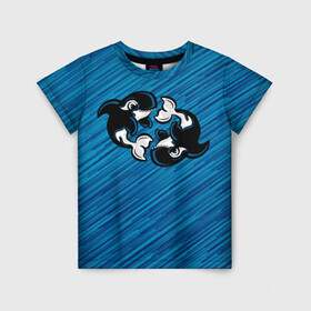 Детская футболка 3D с принтом Две косатки в Санкт-Петербурге, 100% гипоаллергенный полиэфир | прямой крой, круглый вырез горловины, длина до линии бедер, чуть спущенное плечо, ткань немного тянется | Тематика изображения на принте: whale | кит | косатка | косатки | на синем | с косатками