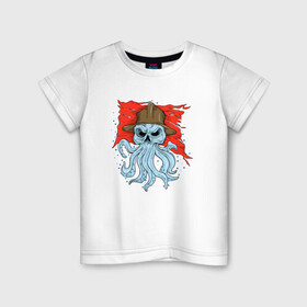 Детская футболка хлопок с принтом Осьминог в каске в Санкт-Петербурге, 100% хлопок | круглый вырез горловины, полуприлегающий силуэт, длина до линии бедер | Тематика изображения на принте: cute | octopus | pirat | в каске | кракен | осьминог | осьминожка | пират | скелет | череп | щупальца