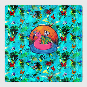 Магнитный плакат 3Х3 с принтом Скелет в надувном Фламинго в Санкт-Петербурге, Полимерный материал с магнитным слоем | 9 деталей размером 9*9 см | закат | купание | лето | отдых | пляж | скелет | туризм | фламинго