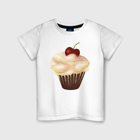 Детская футболка хлопок с принтом Cupcake with cherry art в Санкт-Петербурге, 100% хлопок | круглый вырез горловины, полуприлегающий силуэт, длина до линии бедер | art | cherry | cooking | cupcake | vypichka | yummy | арт | вишня | вкусняшка | выпичка | кекс | кулинария