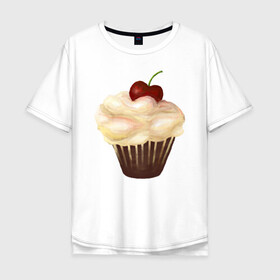 Мужская футболка хлопок Oversize с принтом Cupcake with cherry art в Санкт-Петербурге, 100% хлопок | свободный крой, круглый ворот, “спинка” длиннее передней части | art | cherry | cooking | cupcake | vypichka | yummy | арт | вишня | вкусняшка | выпичка | кекс | кулинария