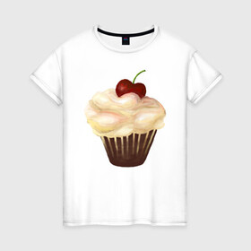 Женская футболка хлопок с принтом Cupcake with cherry art в Санкт-Петербурге, 100% хлопок | прямой крой, круглый вырез горловины, длина до линии бедер, слегка спущенное плечо | art | cherry | cooking | cupcake | vypichka | yummy | арт | вишня | вкусняшка | выпичка | кекс | кулинария