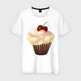 Мужская футболка хлопок с принтом Cupcake with cherry art в Санкт-Петербурге, 100% хлопок | прямой крой, круглый вырез горловины, длина до линии бедер, слегка спущенное плечо. | art | cherry | cooking | cupcake | vypichka | yummy | арт | вишня | вкусняшка | выпичка | кекс | кулинария
