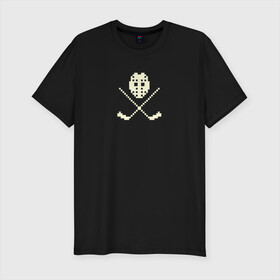 Мужская футболка хлопок Slim с принтом Маска в Санкт-Петербурге, 92% хлопок, 8% лайкра | приталенный силуэт, круглый вырез ворота, длина до линии бедра, короткий рукав | hockey | pixel art | вратарь | клюшки | пиксель арт | хоккей | хоккейная маска