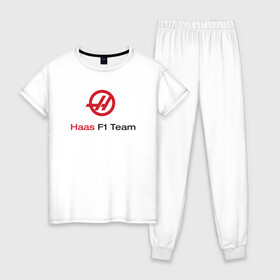 Женская пижама хлопок с принтом Haas F1 Team в Санкт-Петербурге, 100% хлопок | брюки и футболка прямого кроя, без карманов, на брюках мягкая резинка на поясе и по низу штанин | f1 | haas | грожан | магнуссен | мазепин | ф1 | феррари | формула 1 | хаас