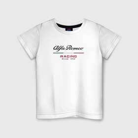 Детская футболка хлопок с принтом Alfa Romeo F1 Team в Санкт-Петербурге, 100% хлопок | круглый вырез горловины, полуприлегающий силуэт, длина до линии бедер | Тематика изображения на принте: alfa romeo | f1 | formula 1 | team | альфе ромео | антонио джовинации | кими райкконен | логотип | ф1 | формула 1