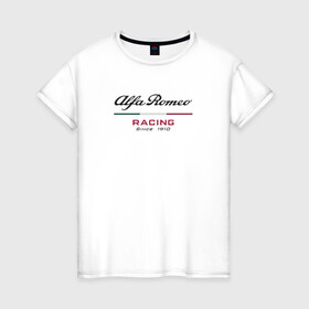 Женская футболка хлопок с принтом Alfa Romeo F1 Team в Санкт-Петербурге, 100% хлопок | прямой крой, круглый вырез горловины, длина до линии бедер, слегка спущенное плечо | alfa romeo | f1 | formula 1 | team | альфе ромео | антонио джовинации | кими райкконен | логотип | ф1 | формула 1