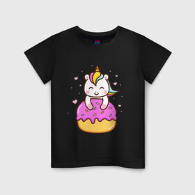 Детская футболка хлопок с принтом Милый единорог с пончиком в Санкт-Петербурге, 100% хлопок | круглый вырез горловины, полуприлегающий силуэт, длина до линии бедер | Тематика изображения на принте: cute | funny | pony | rainbow | unicorn | единорог | единорожка | милый | пони | пончик | радуга