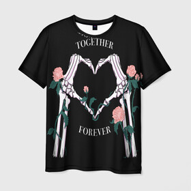 Мужская футболка 3D с принтом Вместе навсегда/together forever в Санкт-Петербурге, 100% полиэфир | прямой крой, круглый вырез горловины, длина до линии бедер | Тематика изображения на принте: bones | flowers | forever | heart | love | кости | любовь | навсегда | сердечко | цветы