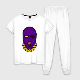 Женская пижама хлопок с принтом DaBaby Purple Mask в Санкт-Петербурге, 100% хлопок | брюки и футболка прямого кроя, без карманов, на брюках мягкая резинка на поясе и по низу штанин | Тематика изображения на принте: gangster | golden | mask | music | rappers