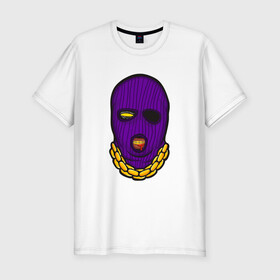 Мужская футболка хлопок Slim с принтом DaBaby Purple Mask в Санкт-Петербурге, 92% хлопок, 8% лайкра | приталенный силуэт, круглый вырез ворота, длина до линии бедра, короткий рукав | gangster | golden | mask | music | rappers