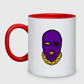 Кружка двухцветная с принтом DaBaby Purple Mask в Санкт-Петербурге, керамика | объем — 330 мл, диаметр — 80 мм. Цветная ручка и кайма сверху, в некоторых цветах — вся внутренняя часть | Тематика изображения на принте: gangster | golden | mask | music | rappers