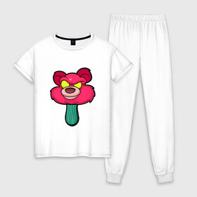 Женская пижама хлопок с принтом Розовый медведь в Санкт-Петербурге, 100% хлопок | брюки и футболка прямого кроя, без карманов, на брюках мягкая резинка на поясе и по низу штанин | bears | ice cream | pinky | животные | мороженное