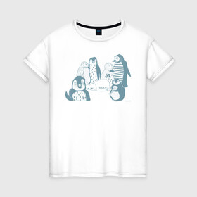 Женская футболка хлопок с принтом Пингвины в Санкт-Петербурге, 100% хлопок | прямой крой, круглый вырез горловины, длина до линии бедер, слегка спущенное плечо | emotions | fish | humor | penguins | winter | зима | пингвины | рыба | эмоции | юмор