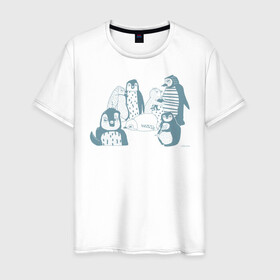 Мужская футболка хлопок с принтом Пингвины в Санкт-Петербурге, 100% хлопок | прямой крой, круглый вырез горловины, длина до линии бедер, слегка спущенное плечо. | emotions | fish | humor | penguins | winter | зима | пингвины | рыба | эмоции | юмор