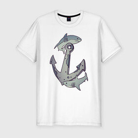 Мужская футболка хлопок Slim с принтом Sharks around the anchor в Санкт-Петербурге, 92% хлопок, 8% лайкра | приталенный силуэт, круглый вырез ворота, длина до линии бедра, короткий рукав | fish | sea | shark | акула | море | плавники | под водой | рыба | якорь