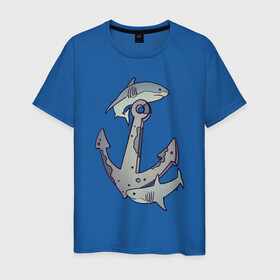 Мужская футболка хлопок с принтом Sharks around the anchor в Санкт-Петербурге, 100% хлопок | прямой крой, круглый вырез горловины, длина до линии бедер, слегка спущенное плечо. | fish | sea | shark | акула | море | плавники | под водой | рыба | якорь