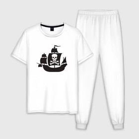 Мужская пижама хлопок с принтом Пиратский корабль в Санкт-Петербурге, 100% хлопок | брюки и футболка прямого кроя, без карманов, на брюках мягкая резинка на поясе и по низу штанин
 | captain | pirate | pirates | ship | skull | капитан | корабль | пират | череп | штурвал