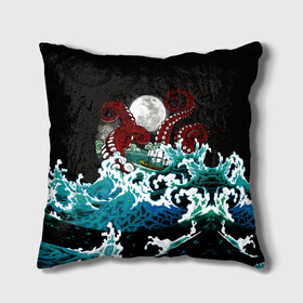 Подушка 3D с принтом Корабль на Волнах | Кракен в Санкт-Петербурге, наволочка – 100% полиэстер, наполнитель – холлофайбер (легкий наполнитель, не вызывает аллергию). | состоит из подушки и наволочки. Наволочка на молнии, легко снимается для стирки | Тематика изображения на принте: animal | beast | kraken | monster | moon | ocean | octopus | sea | ship | water | waves | вода | волны | животные | звери | корабль | кракен | луна | монстр | море | океан | осьминог | рыбы | щупальца