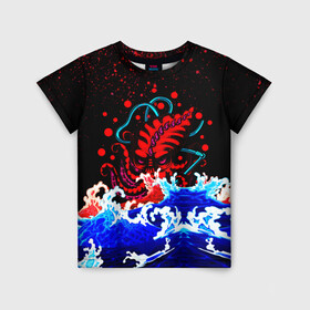 Детская футболка 3D с принтом Кровавый Кракен Монстр в Санкт-Петербурге, 100% гипоаллергенный полиэфир | прямой крой, круглый вырез горловины, длина до линии бедер, чуть спущенное плечо, ткань немного тянется | animal | beast | blood | drops | kraken | monster | ocean | octopus | sea | water | waves | брызги | вода | волны | животные | звери | капли | кракен | кровь | монстр | море | океан | осьминог | рыбы | щупальца