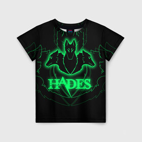Детская футболка 3D с принтом Hades в Санкт-Петербурге, 100% гипоаллергенный полиэфир | прямой крой, круглый вырез горловины, длина до линии бедер, чуть спущенное плечо, ткань немного тянется | hades | roguelike | бесконечные круги ада | волки | зелёные | компьютерная игра | светящиеся | эмблема