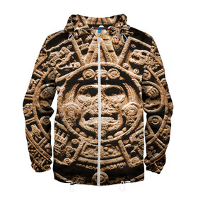 Мужская ветровка 3D с принтом Ацтекский Календарь в Санкт-Петербурге, 100% полиэстер | подол и капюшон оформлены резинкой с фиксаторами, два кармана без застежек по бокам, один потайной карман на груди | Тематика изображения на принте: aztec | calendar | ацтеки | календарь | майя