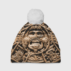 Шапка 3D c помпоном с принтом Ацтекский Календарь в Санкт-Петербурге, 100% полиэстер | универсальный размер, печать по всей поверхности изделия | aztec | calendar | ацтеки | календарь | майя