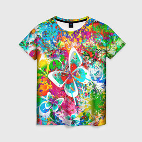Женская футболка 3D с принтом ЯРКИЕ КРАСКИ в Санкт-Петербурге, 100% полиэфир ( синтетическое хлопкоподобное полотно) | прямой крой, круглый вырез горловины, длина до линии бедер | butterfly | color | flower | rainbow | summer | бабочки | брызги | краски | лето | радуга | цвета | цветы
