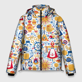 Мужская зимняя куртка 3D с принтом Славянская символика в Санкт-Петербурге, верх — 100% полиэстер; подкладка — 100% полиэстер; утеплитель — 100% полиэстер | длина ниже бедра, свободный силуэт Оверсайз. Есть воротник-стойка, отстегивающийся капюшон и ветрозащитная планка. 

Боковые карманы с листочкой на кнопках и внутренний карман на молнии. | art | background | balalaika | bear | bonfire | carnival | fire | pancakes | samovar | slavic | sun | symbolism | texture | арт | балалайка | блины | костер | ложки | масленица | матрешка | медведь | огонь | петух | самовар | символика | славянская | солн