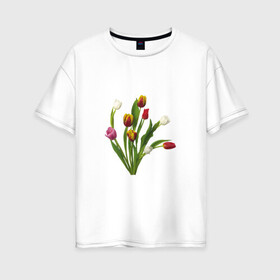 Женская футболка хлопок Oversize с принтом Букет разноцветных тюльпанов в Санкт-Петербурге, 100% хлопок | свободный крой, круглый ворот, спущенный рукав, длина до линии бедер
 | букет | иллюстрации | лето | популярные | тренды | тюльпаны | цветы