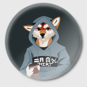 Значок с принтом Furry fox в Санкт-Петербурге,  металл | круглая форма, металлическая застежка в виде булавки | furry | furry fox | антропоморфное животное | животные | зверь | капюшон | кофе | лиса | фурри | человек