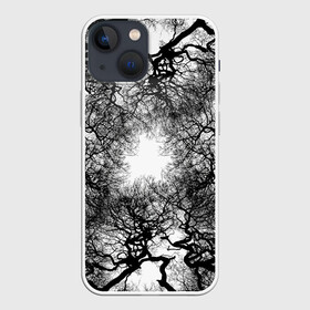 Чехол для iPhone 13 mini с принтом Texture Branches в Санкт-Петербурге,  |  | Тематика изображения на принте: abstraction | black | branches | bushes | forest | grove | lines | negative | patterns | shrubs | thickets | trees | white | абстракция | белое | ветви | ветки | деревья | заросли | кустарники | кусты | лес | линии | негатив | роща | узоры | черное