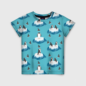 Детская футболка 3D с принтом Пингвины в Санкт-Петербурге, 100% гипоаллергенный полиэфир | прямой крой, круглый вырез горловины, длина до линии бедер, чуть спущенное плечо, ткань немного тянется | море | морские | океан | пингвин | пингвинчик | пингвины | плавники акул