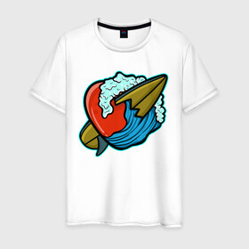 Мужская футболка хлопок с принтом Любовь к серфингу в Санкт-Петербурге, 100% хлопок | прямой крой, круглый вырез горловины, длина до линии бедер, слегка спущенное плечо. | surf | любовь | отдых | сердце | серфинг | турист