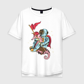 Мужская футболка хлопок Oversize с принтом Верхом на коне в Санкт-Петербурге, 100% хлопок | свободный крой, круглый ворот, “спинка” длиннее передней части | games | space | астронавт | космос | морской конь | подводный мир | флаг