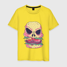 Мужская футболка хлопок с принтом Череп Бургер Skull Burger в Санкт-Петербурге, 100% хлопок | прямой крой, круглый вырез горловины, длина до линии бедер, слегка спущенное плечо. | Тематика изображения на принте: 100 эко | big daddy | boomer | fashion man | hipster | hipster merch | old school | real man | skulls | vintage | wild beast | бумер | винтаж | гамбургер | еда | фастфуд | хипстер | хипстер мерч | хипстерский череп | черепа | чизбургер