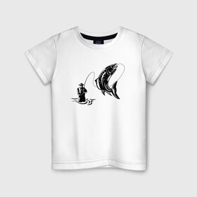 Детская футболка хлопок с принтом Рыбак и рыбка в Санкт-Петербурге, 100% хлопок | круглый вырез горловины, полуприлегающий силуэт, длина до линии бедер | Тематика изображения на принте: fish | fishing | ловит рыбу | рыба | рыбак | рыбалка | рыбацкие | рыбачит | удочка