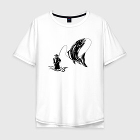 Мужская футболка хлопок Oversize с принтом Рыбак и рыбка в Санкт-Петербурге, 100% хлопок | свободный крой, круглый ворот, “спинка” длиннее передней части | fish | fishing | ловит рыбу | рыба | рыбак | рыбалка | рыбацкие | рыбачит | удочка