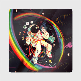 Магнит виниловый Квадрат с принтом Космонавт в Санкт-Петербурге, полимерный материал с магнитным слоем | размер 9*9 см, закругленные углы | арт | значки | космонавт | космос | надписи | радуга | цветное