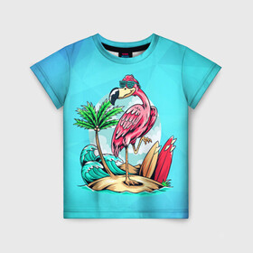Детская футболка 3D с принтом Розовый фламинго в Санкт-Петербурге, 100% гипоаллергенный полиэфир | прямой крой, круглый вырез горловины, длина до линии бедер, чуть спущенное плечо, ткань немного тянется | арт | графика | лето | море | остров | пальма | птица | фламинго