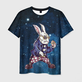 Мужская футболка 3D с принтом Пасхальный кроль в Санкт-Петербурге, 100% полиэфир | прямой крой, круглый вырез горловины, длина до линии бедер | арт | графика | животные | заяц | звери | кролик | пасха | рокер | яйцо