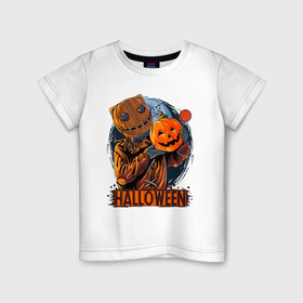 Детская футболка хлопок с принтом Пугающий Тони в Санкт-Петербурге, 100% хлопок | круглый вырез горловины, полуприлегающий силуэт, длина до линии бедер | halloween | конфети | леденец | ночь | полнолуние | пугало | тыква